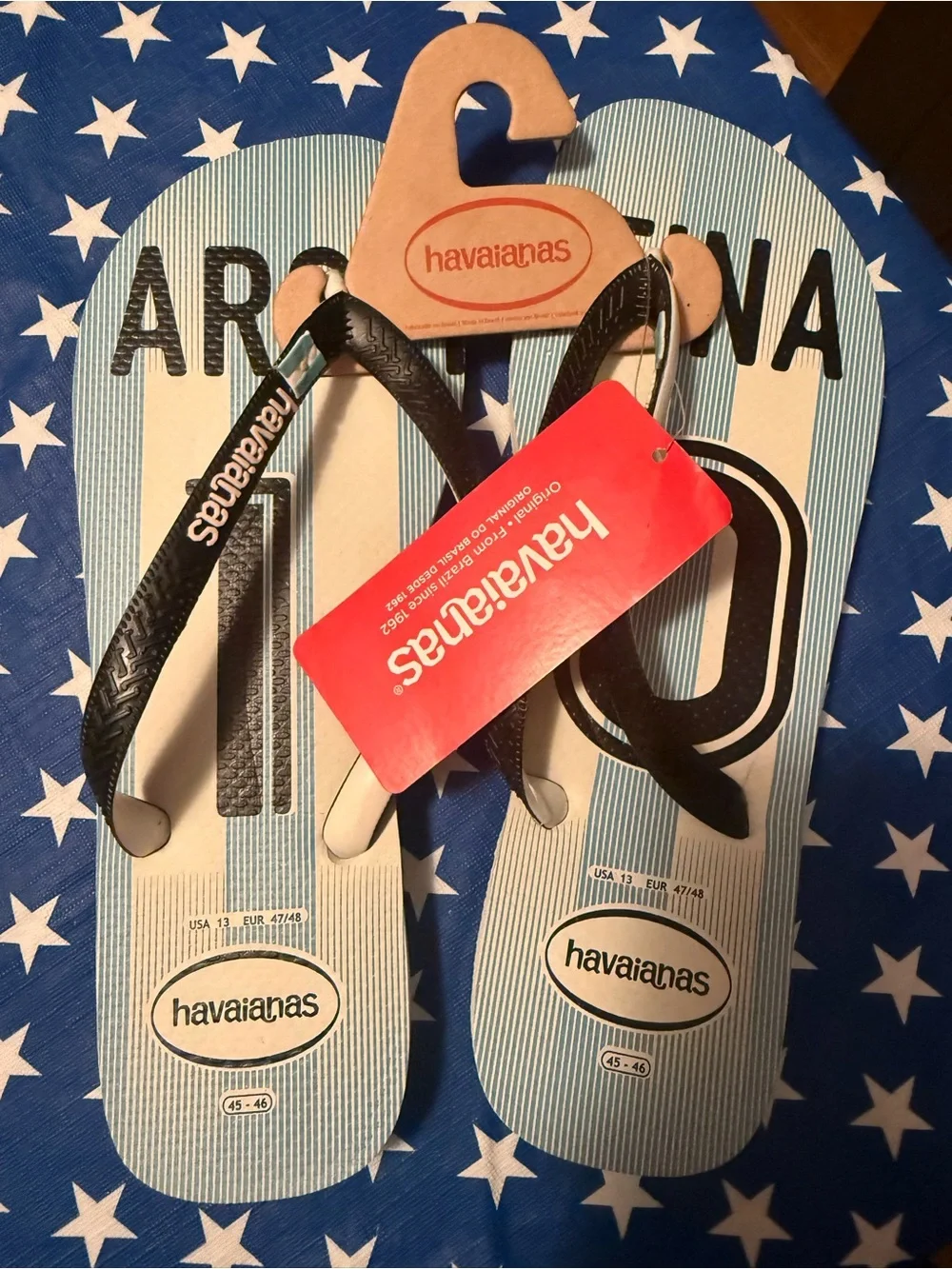 Havaianas Argentine Blue & White Stripe Flip Flops with Black Straps brand new